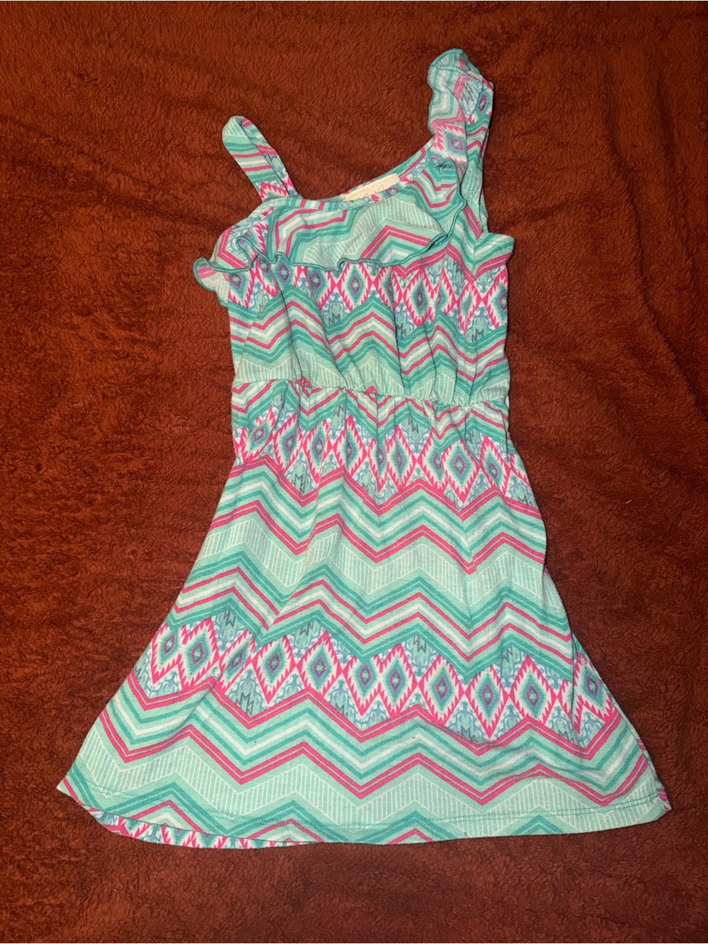 Bobbie Brooks Aqua and Pink Chevron One-Shoulder Dress